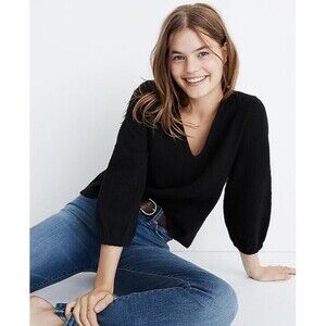 Madewell Full Sleeve Top Textured V Neck 3/4 Sleeve Black Women's Size XS